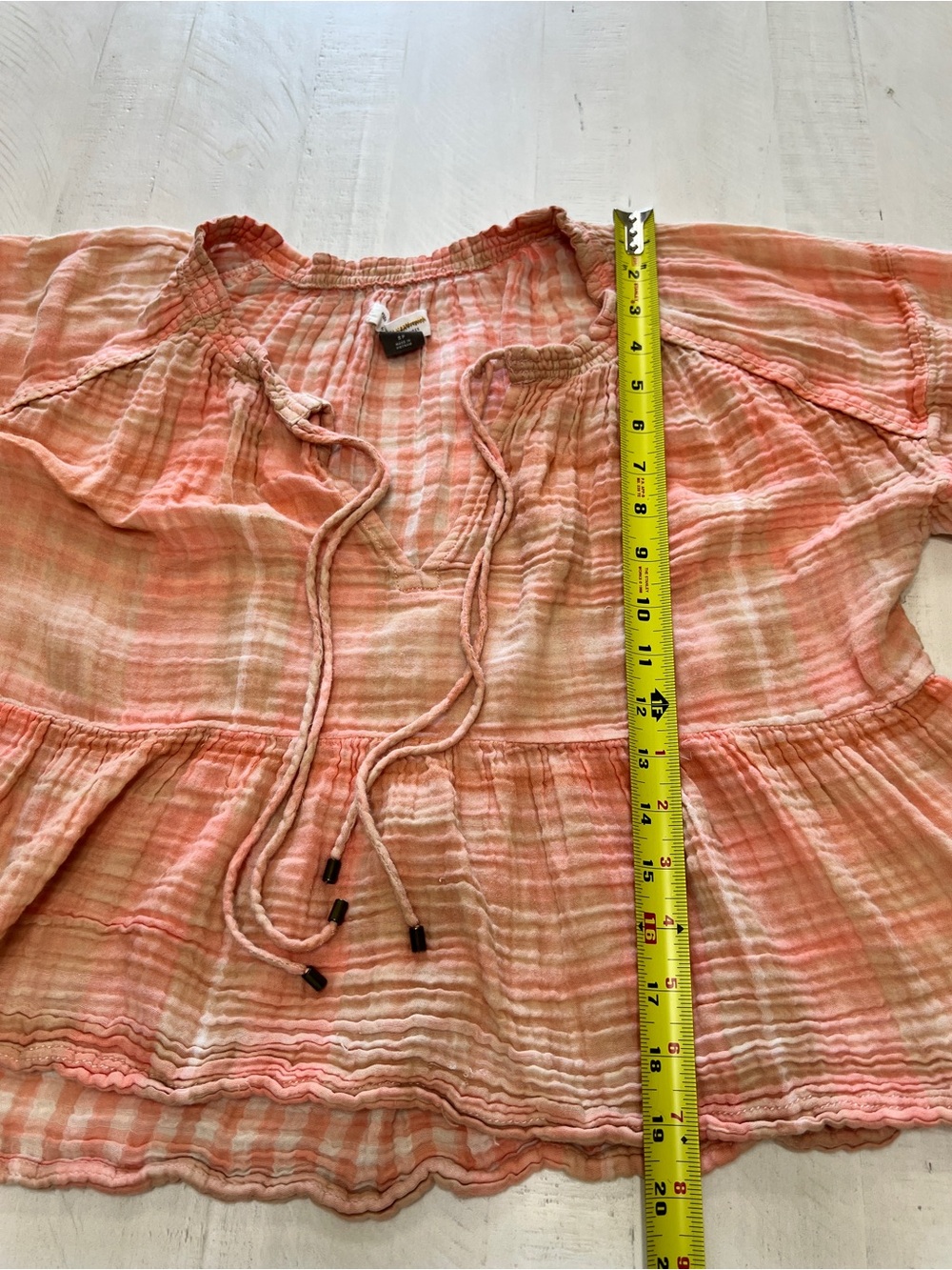 Anthropologie Pilcro Bette Peach Plaid  Blouse Drawstring SP Boho Cottagecore - Picture 7 of 8